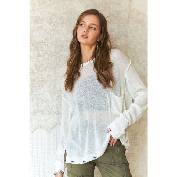 ADORA Vintage Edge Drop Shoulder Lightweight Loose Pullover Sweater | Off White - Picture 2 of 5